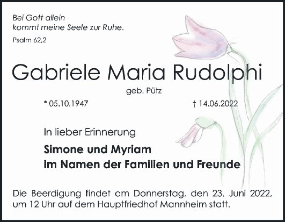  Traueranzeige für Gabriele Maria Rudolphi vom 18.06.2022 aus Mannheimer Morgen