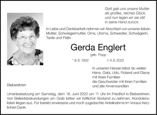 Traueranzeige von Gerda Englert von Fränkische Nachrichten