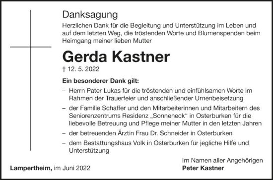 Traueranzeige von Gerda Kastner von Fränkische Nachrichten