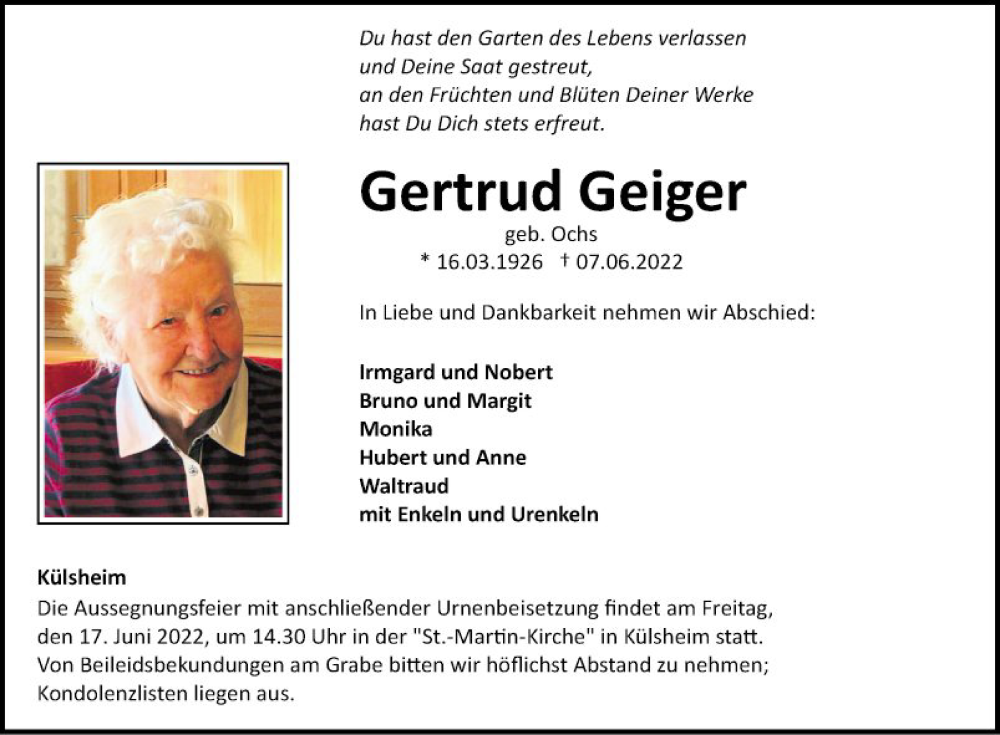  Traueranzeige für Gertrud Geiger vom 11.06.2022 aus Fränkische Nachrichten