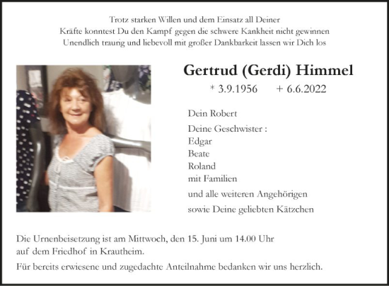 Traueranzeige von Gertrud Himmel von Fränkische Nachrichten