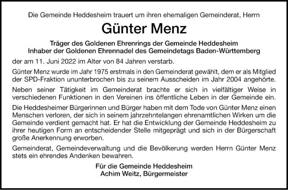  Traueranzeige für Günter Menz vom 18.06.2022 aus Mannheimer Morgen
