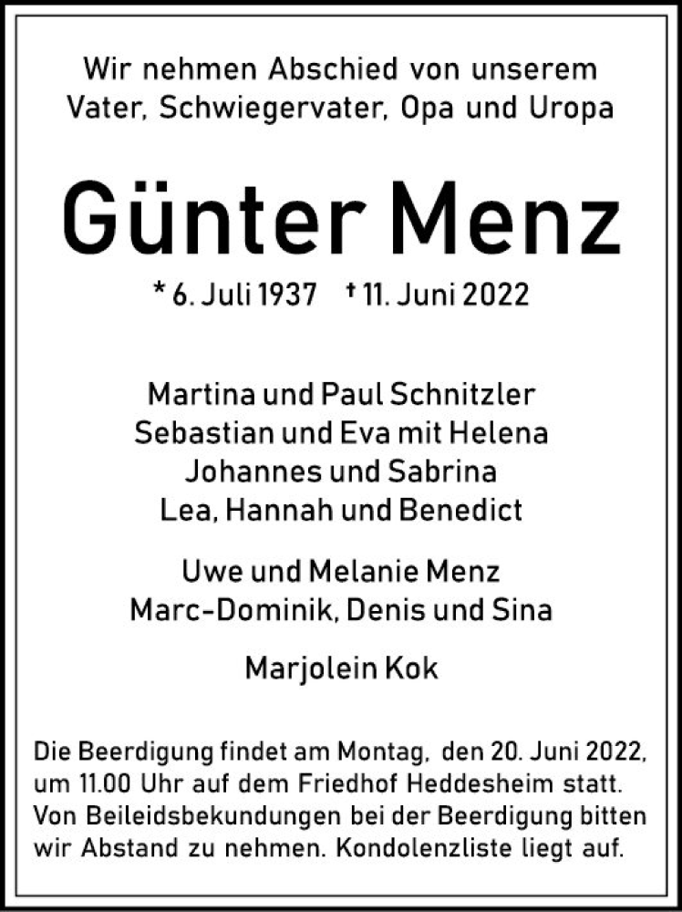  Traueranzeige für Günter Menz vom 18.06.2022 aus Mannheimer Morgen
