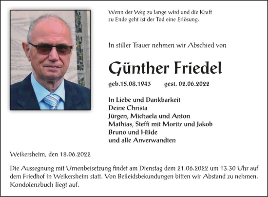 Traueranzeige von Günther Friedel von Fränkische Nachrichten