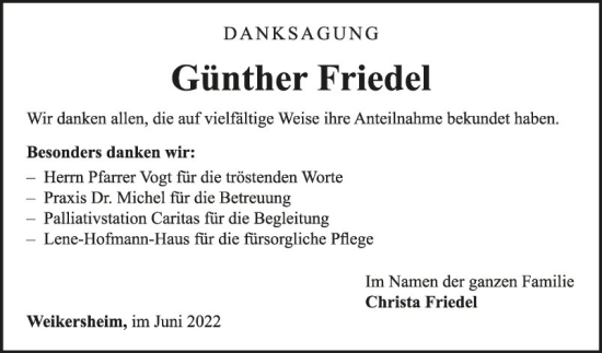 Traueranzeige von Günther Friedel von Fränkische Nachrichten