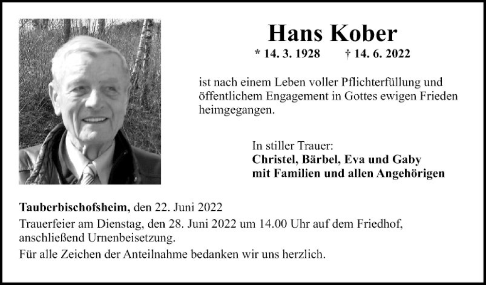  Traueranzeige für Hans Kober vom 22.06.2022 aus Fränkische Nachrichten