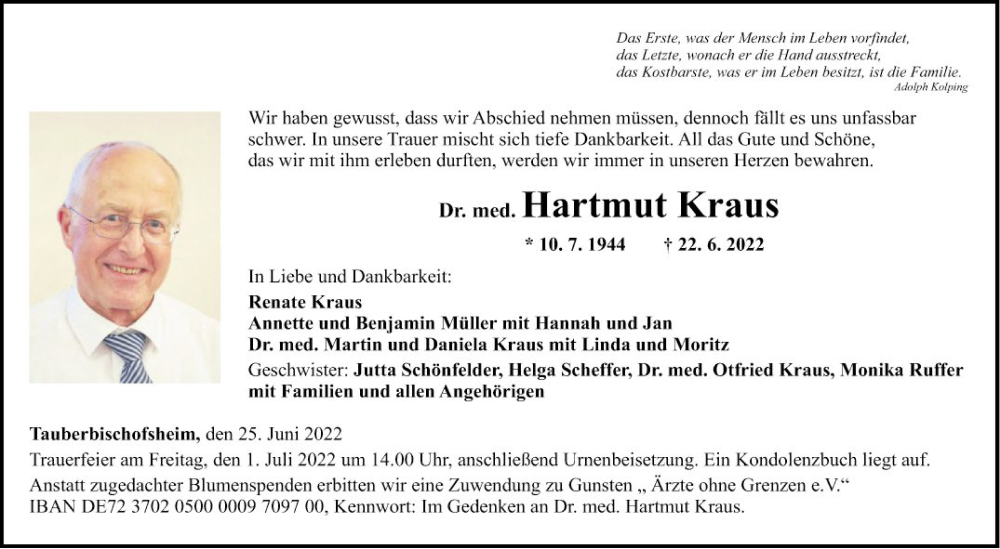  Traueranzeige für Hartmut Kraus vom 25.06.2022 aus Fränkische Nachrichten