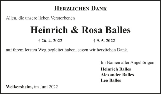 Traueranzeige von Heinrich Balles von Fränkische Nachrichten