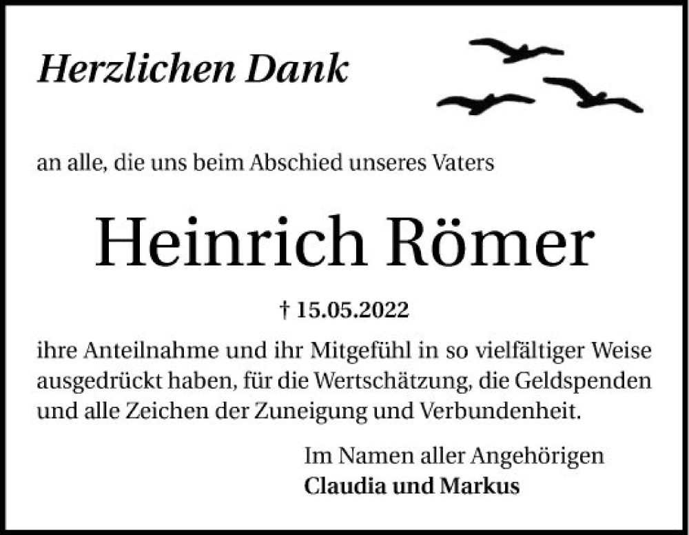  Traueranzeige für Heinrich Römer vom 04.06.2022 aus Mannheimer Morgen
