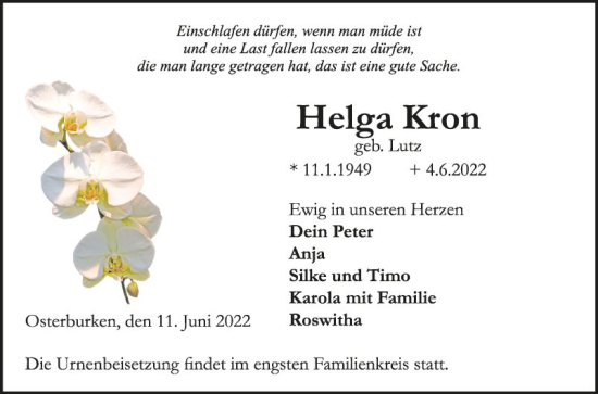 Traueranzeige von Helga Kron von Fränkische Nachrichten