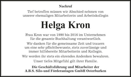 Traueranzeige von Helga Kron von Fränkische Nachrichten