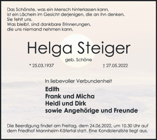 Traueranzeige von Helga Steiger von Mannheimer Morgen