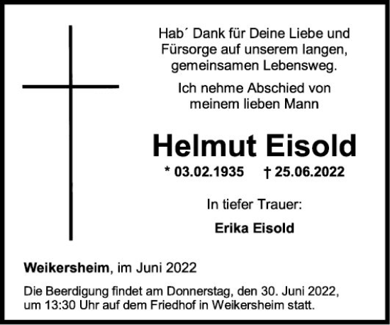 Traueranzeige von Helmut Eisold von Fränkische Nachrichten