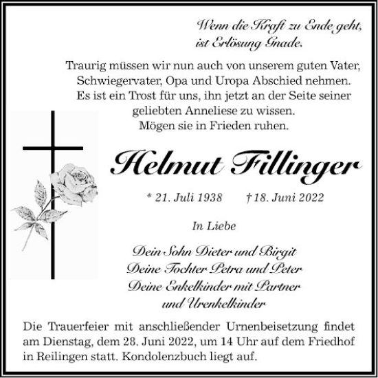 Traueranzeige von Helmut Fillinger von Schwetzinger Zeitung