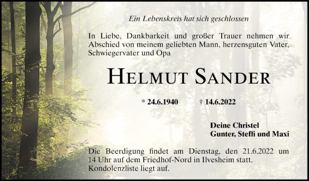  Traueranzeige für Helmut Sander vom 18.06.2022 aus Mannheimer Morgen