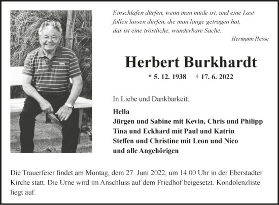 Traueranzeige von Herbert Burkhardt von Fränkische Nachrichten