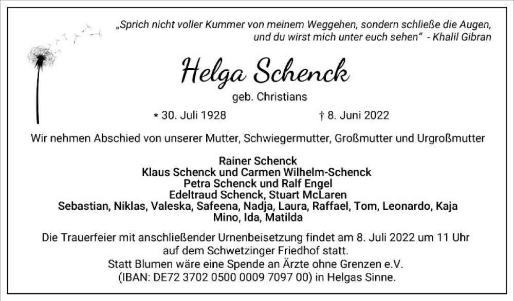  Traueranzeige für Herlga Schenck vom 25.06.2022 aus Schwetzinger Zeitung