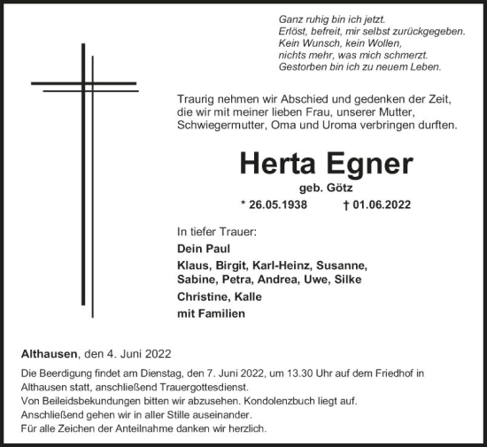 Traueranzeige von Herta Egner von Fränkische Nachrichten