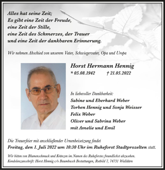 Traueranzeigen von Horst Hermann Hennig | Trauerportal Ihrer Tageszeitung