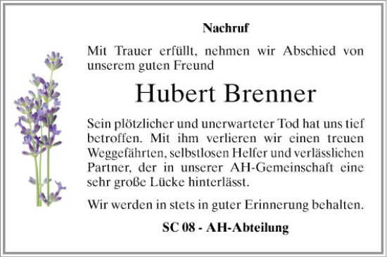 Traueranzeige von Hubert Brenner von Schwetzinger Zeitung