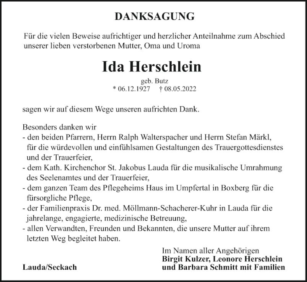  Traueranzeige für Ida Herschlein vom 04.06.2022 aus Fränkische Nachrichten