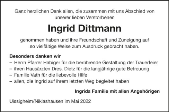 Traueranzeige von Ingrid Dittmann von Fränkische Nachrichten