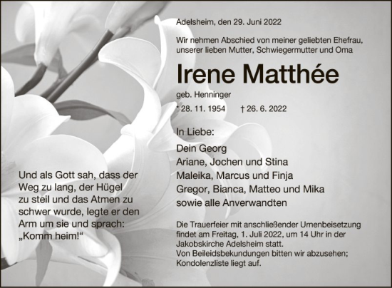 Traueranzeige von Irene Matthee von Fränkische Nachrichten