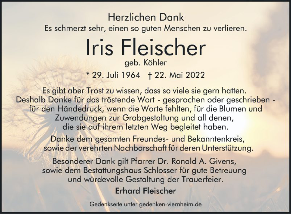  Traueranzeige für Iris Fleischer vom 18.06.2022 aus Mannheimer Morgen