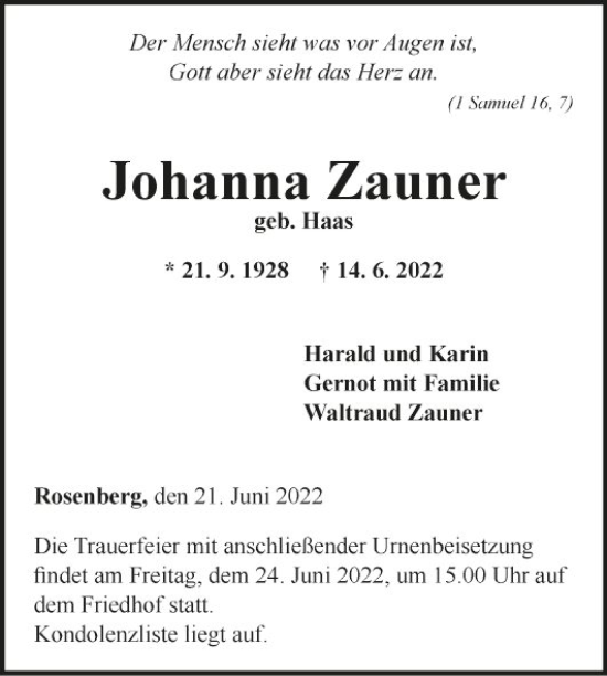 Traueranzeige von Johanna Zauner von Fränkische Nachrichten