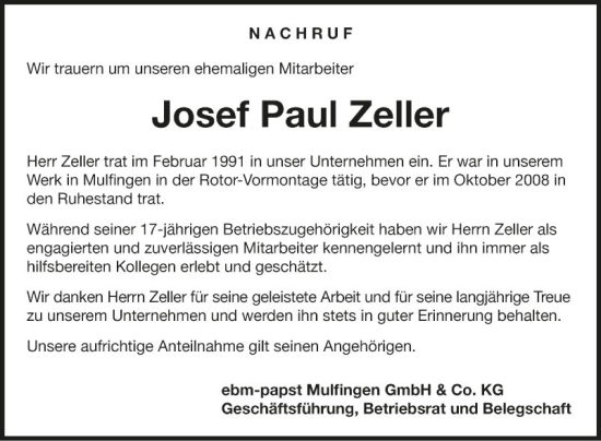 Traueranzeige von Josef Paul Zeller von Fränkische Nachrichten