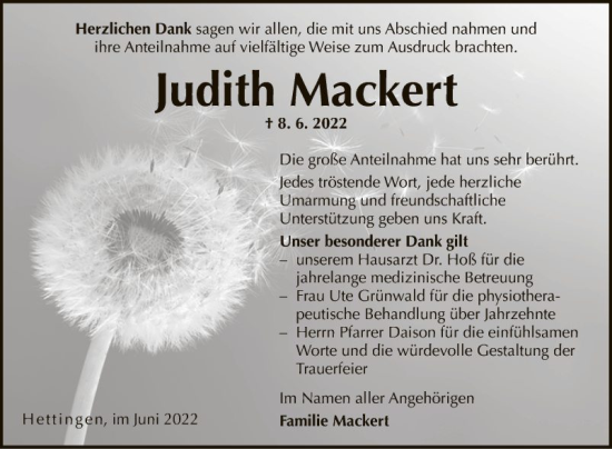 Traueranzeige von Judith Mackert von Fränkische Nachrichten