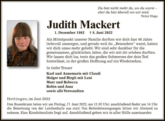 Traueranzeige von Judith Mackert von Fränkische Nachrichten