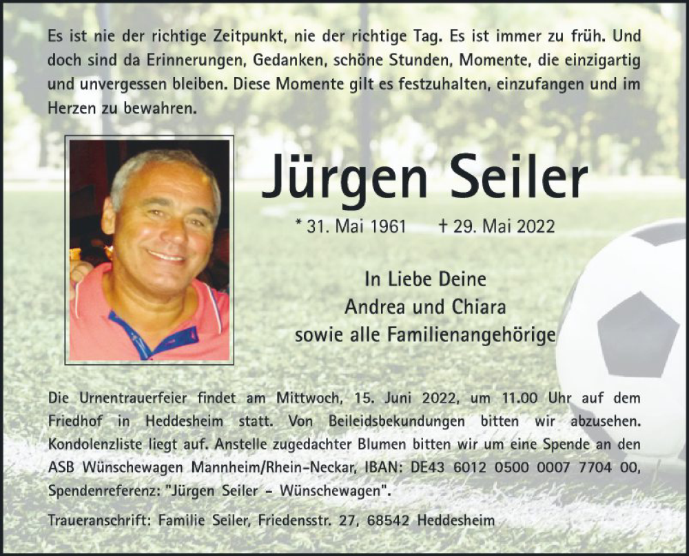  Traueranzeige für Jürgen Seiler vom 11.06.2022 aus Mannheimer Morgen