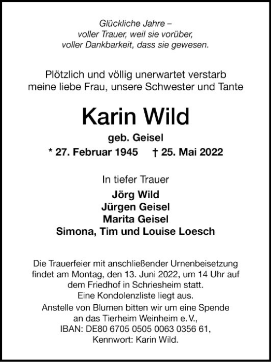 Traueranzeige von Karin Wild von Mannheimer Morgen