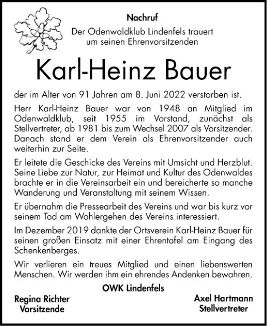 Traueranzeige von Karl-Heinz Bauer von Bergsträßer Anzeiger