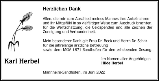 Traueranzeige von Karl Herbel von Mannheimer Morgen