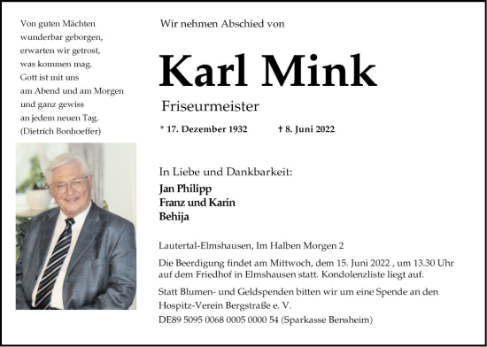 Traueranzeige von Karl Mink von Bergsträßer Anzeiger