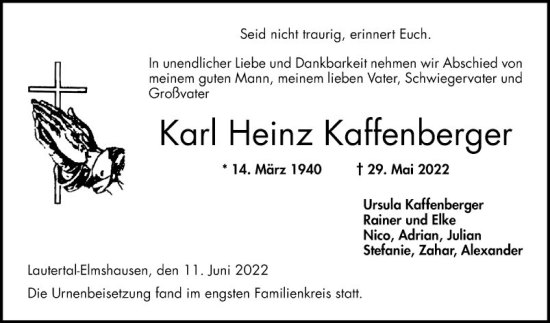 Traueranzeige von Karl Heinz Kaffenberger von Bergsträßer Anzeiger