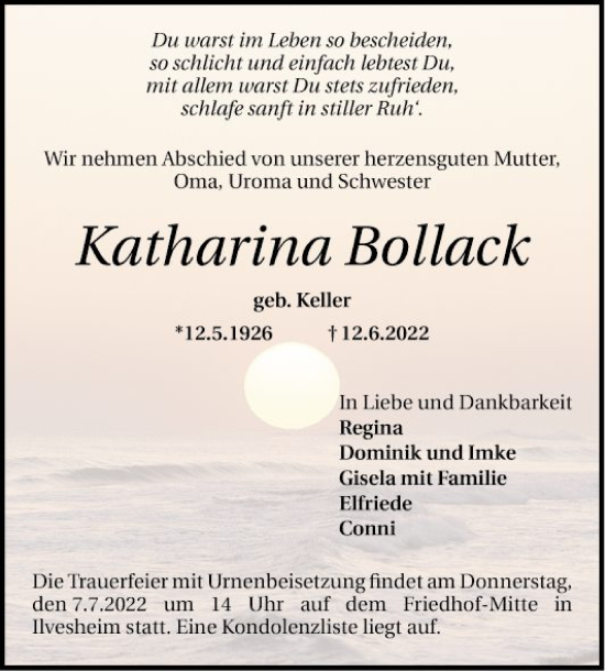 Traueranzeige von Katharina Bollack von Mannheimer Morgen