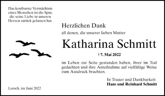 Traueranzeige von Katharina Schmitt von Bergsträßer Anzeiger