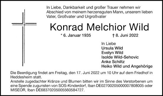 Traueranzeige von Konrad Melchior Wild von Mannheimer Morgen