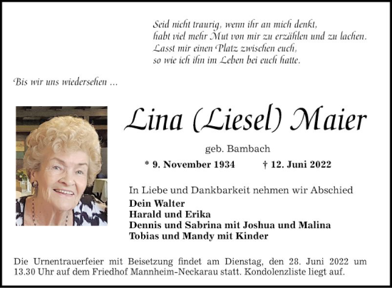 Traueranzeige von Lina Maier von Mannheimer Morgen