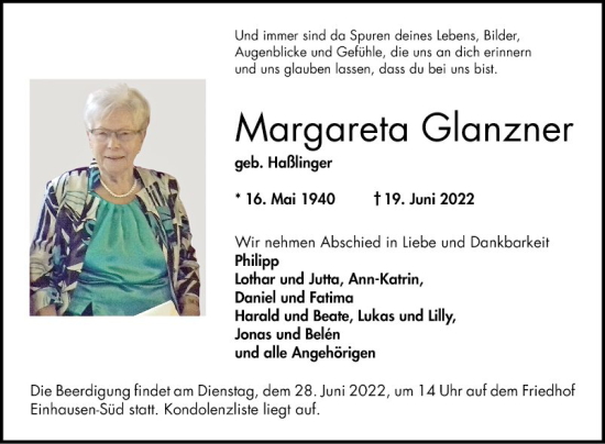 Traueranzeige von Margareta Glanzner von Bergsträßer Anzeiger