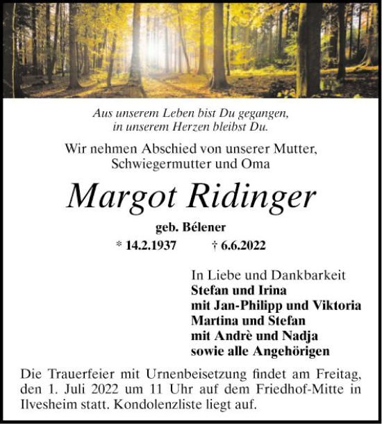 Traueranzeige von Margot Ridinger von Mannheimer Morgen