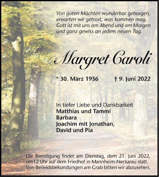 Traueranzeige von Margret Caroli von Mannheimer Morgen