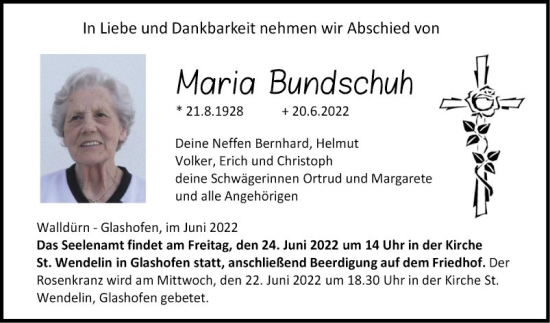 Traueranzeige von Maria Bundschuh von Fränkische Nachrichten