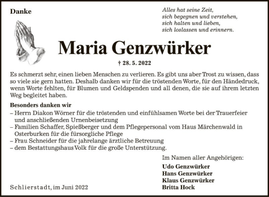 Traueranzeige von Maria Genzwürker von Fränkische Nachrichten