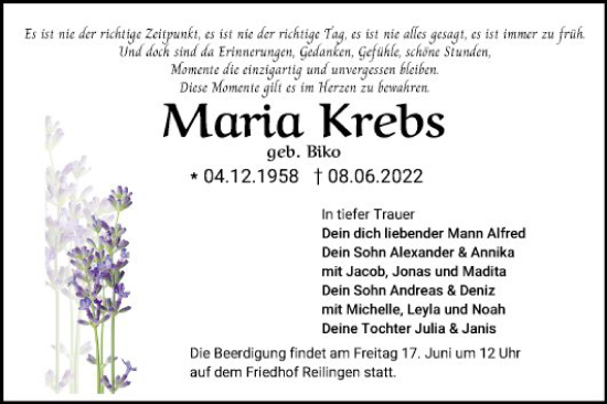 Traueranzeige von Maria Krebs von Schwetzinger Zeitung