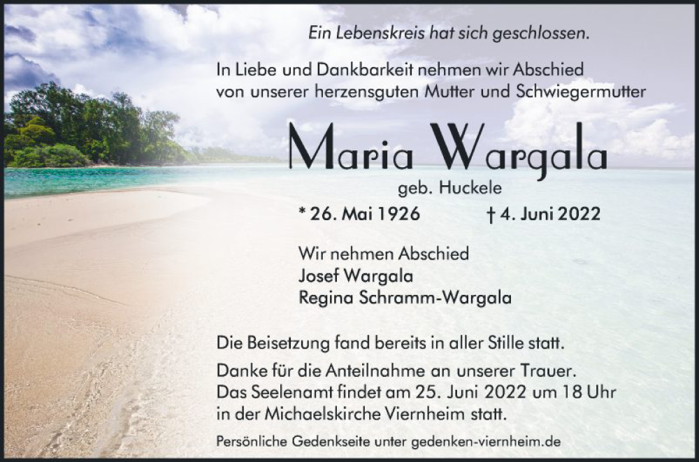  Traueranzeige für Maria Wargala vom 21.06.2022 aus Südhessen Morgen