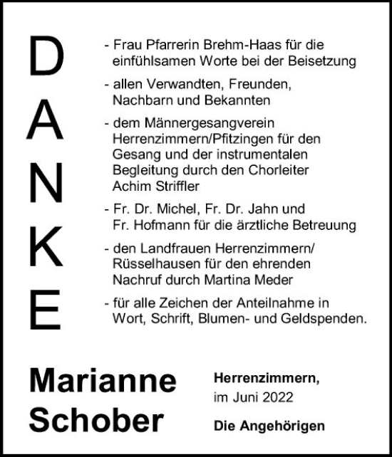 Traueranzeige von Marianne Schober von Fränkische Nachrichten